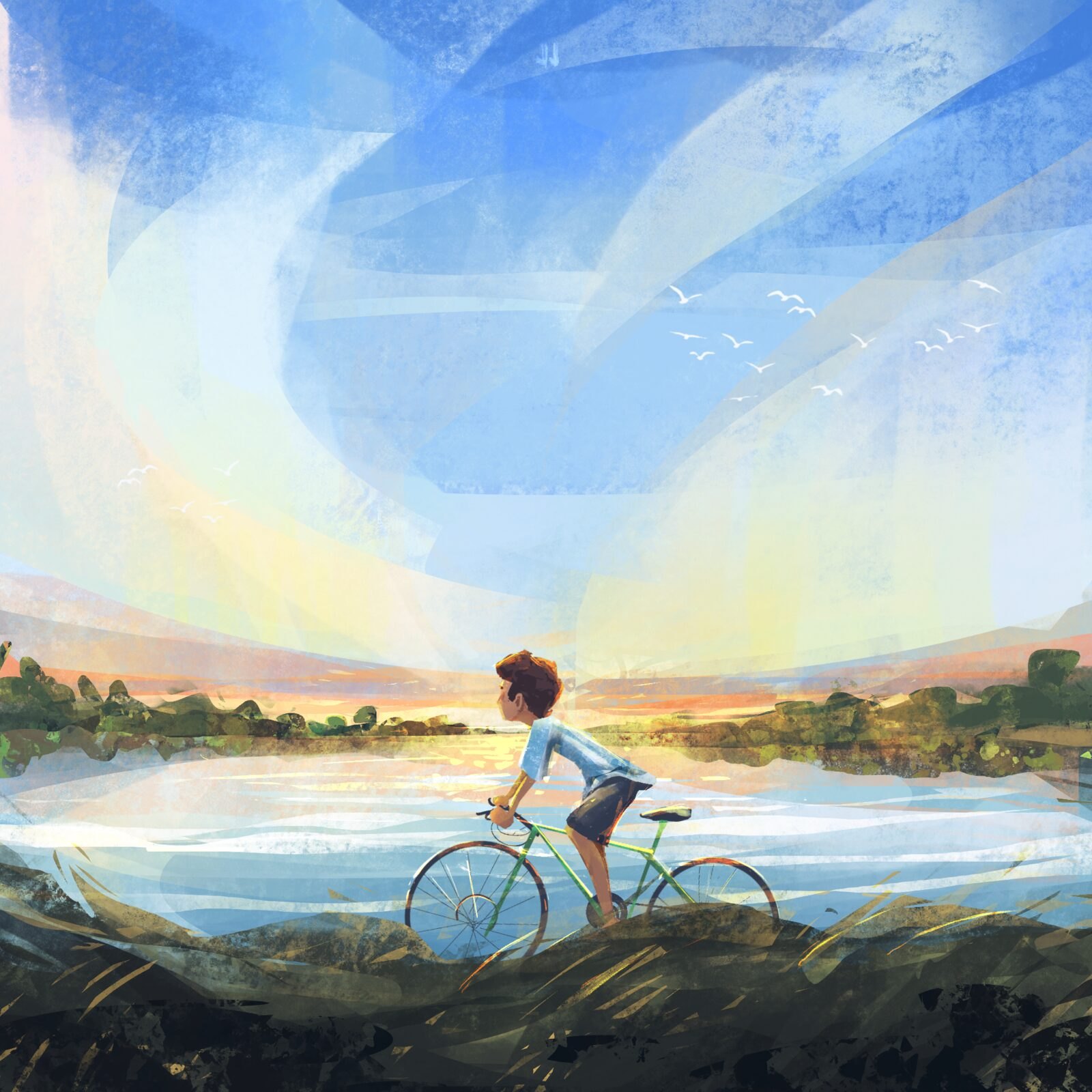 Kid cycling beside a lake