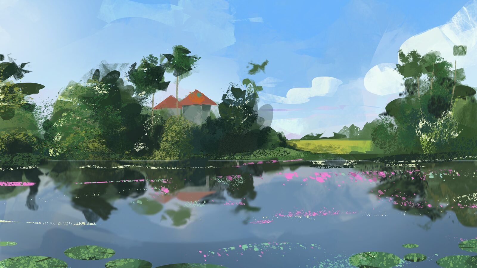 Lily pond with houses in the distance