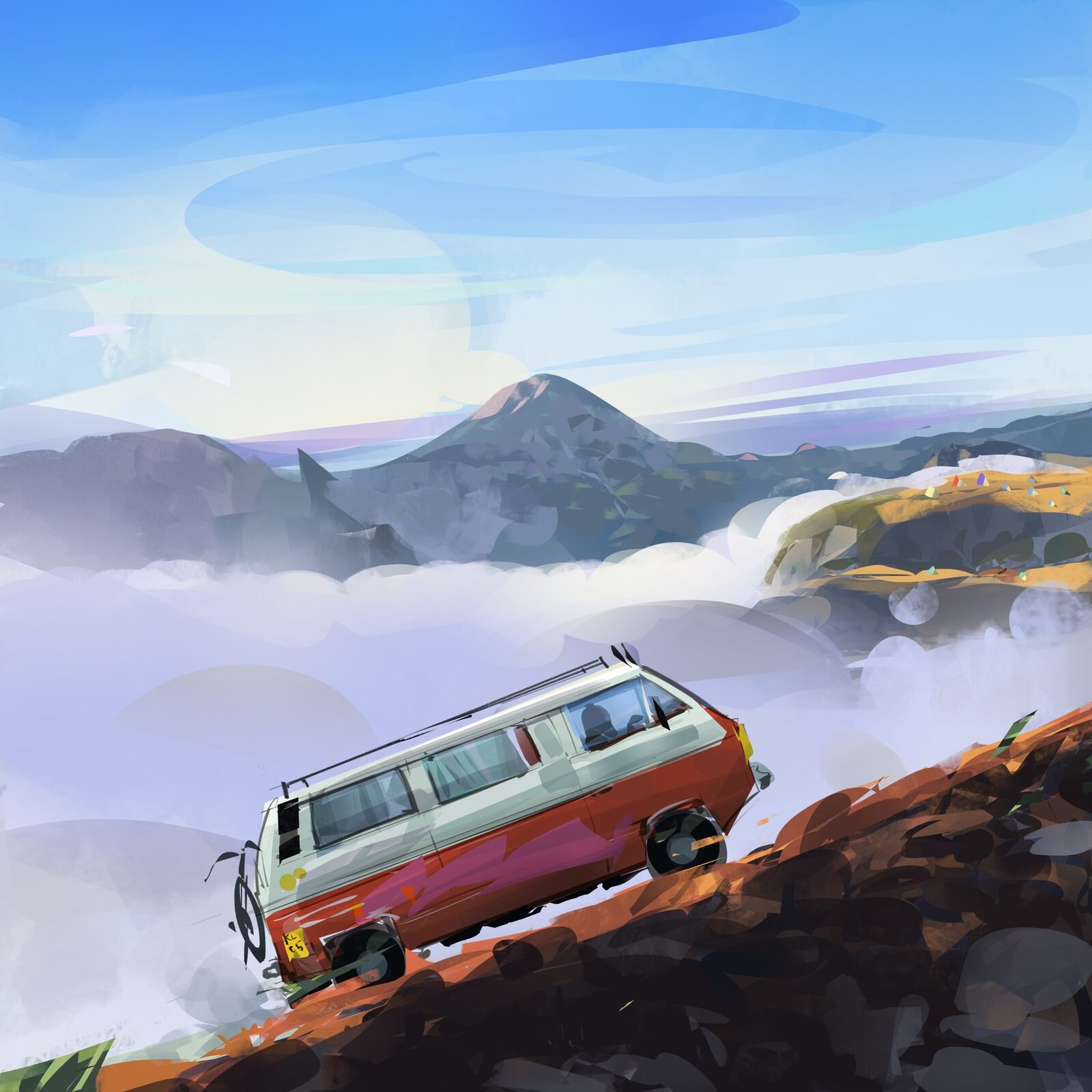 Van driving above the clouds